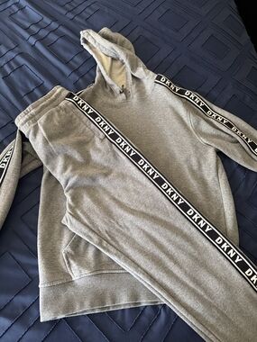 DKNY Gray Hooded Sweatshirt with Black Branded Sleeve Tape